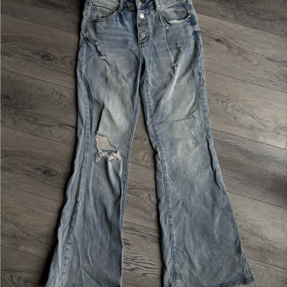 Light Blue Distressed Flared Jeans - Mid-Rise Casual Style